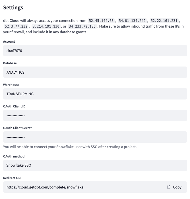 Configuring Snowflake OAuth credentials in dbt Cloud